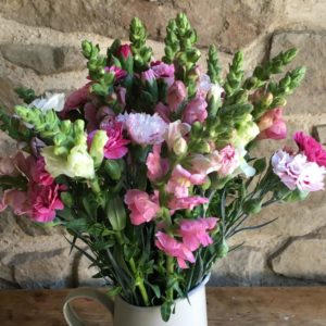 Scented Pinks and Snapdragons - a mix of Pinks in shades of white, pink and purple, with mixed colour Snapdragons. Fresh cut flowers. Vase not included.