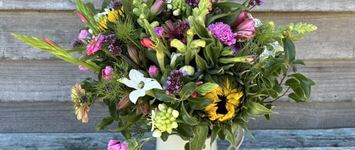 A Hand-Tied Bouquet from late September - featuring Cornish Alstroemeria, Snapdragons, Scented Pinks, Zinnia, Verbena Bonariensis, Sunflowers, Ornithogalum, Nicotiana, Nigella and lovely fresh foliage. Vase not included.