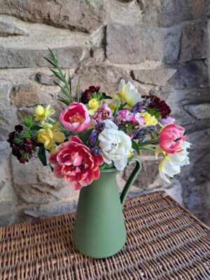 A Spring Posy of yellow Narcissi, Sweet William in mixed colours, blue Scillas and mixed colour Tulips. Vase not included.
