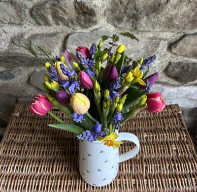 A bunch of scented mixed Narcissi, blue Cornish Scillas and pretty mixed colour tulips. Vase not included.