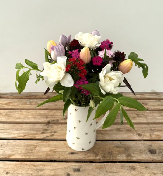 Bouquet of Sweet William & Tulips - featuring Sweet William in shades of white/pink & purple with Tulips in mixed colours. Vase not included.