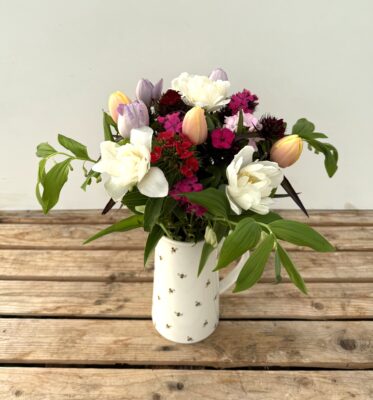 A beautiful bunch of freshly cut Sweet William & Tulips - featuring Sweet William in mixed shades of white/pinks/purples and Tulips in mixed colours with a few stems of Solomon Seal. Vase not included.