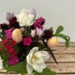 Close up of bouquet of Sweet William & Tulips - featuring Sweet William in shades of white/pink & purple with Tulips in mixed colours. Vase not included.