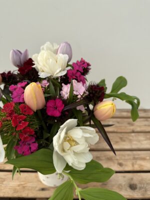 Close up of a beautiful bunch of freshly cut Sweet William & Tulips - featuring Sweet William in mixed shades of white/pinks/purples and Tulips in mixed colours with a few stems of Solomon Seal. Vase not included.